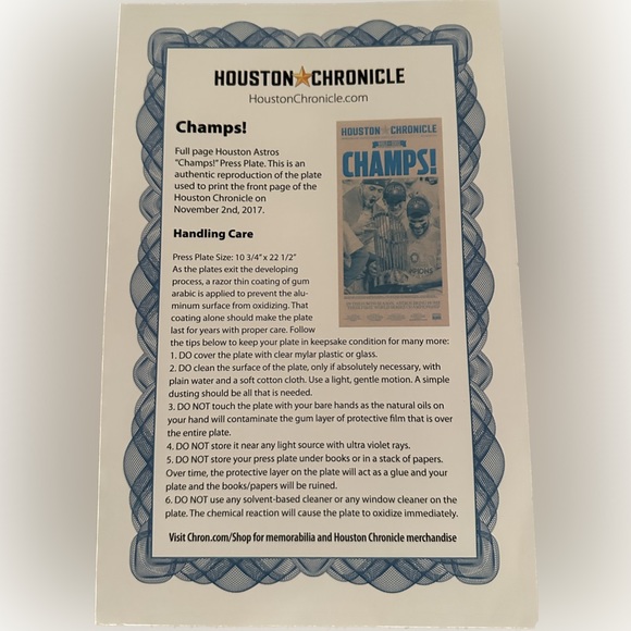 Houston Chronicle Metal Print Plate Front PG MLB 2017 ASTROS WORLD SERIES CHAMP - Picture 2 of 2